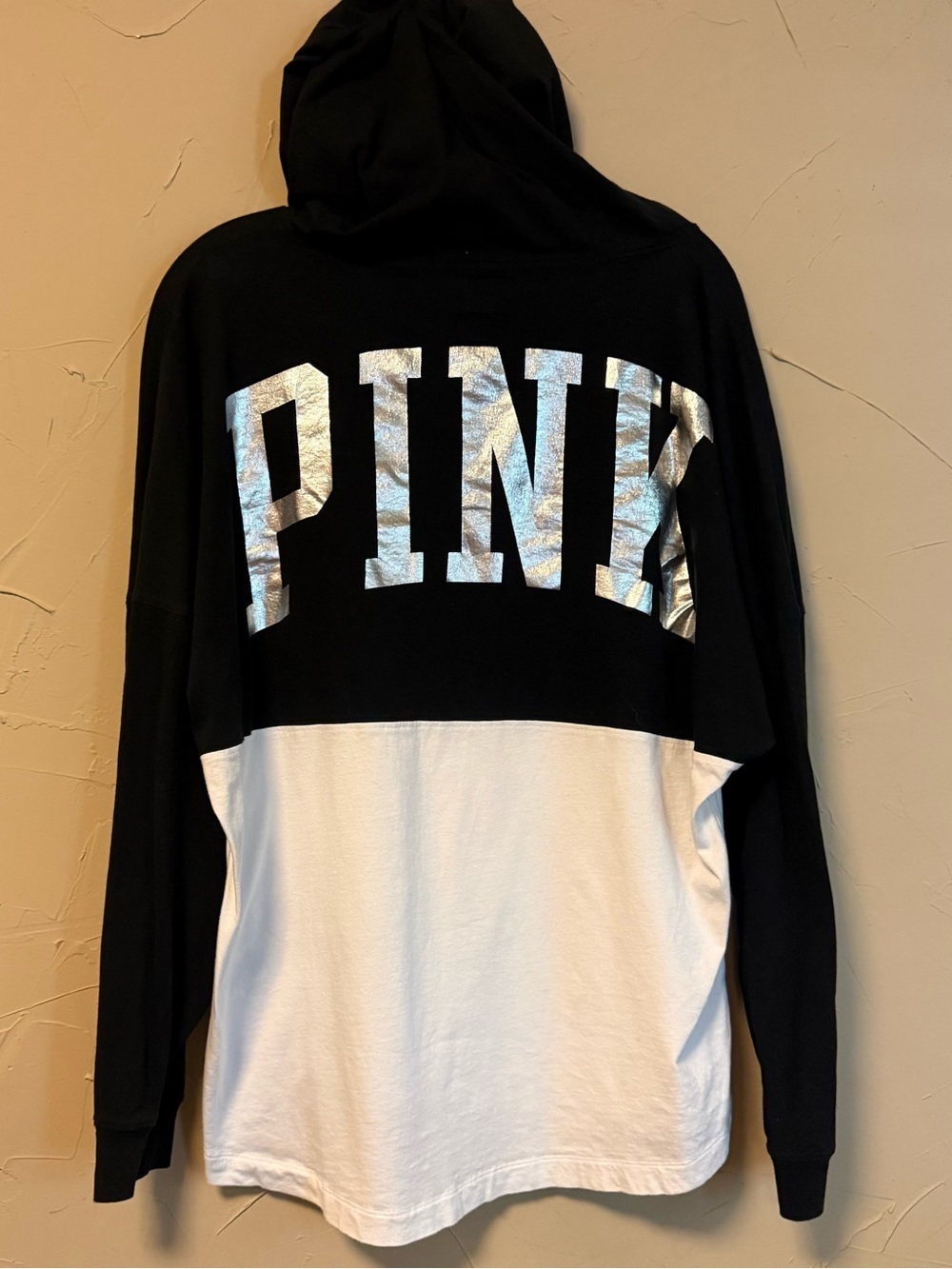 VS PINK Bling Hoodie Metallic Silver Logo B&W Colorblock Y2K Aesthetic SZ Large